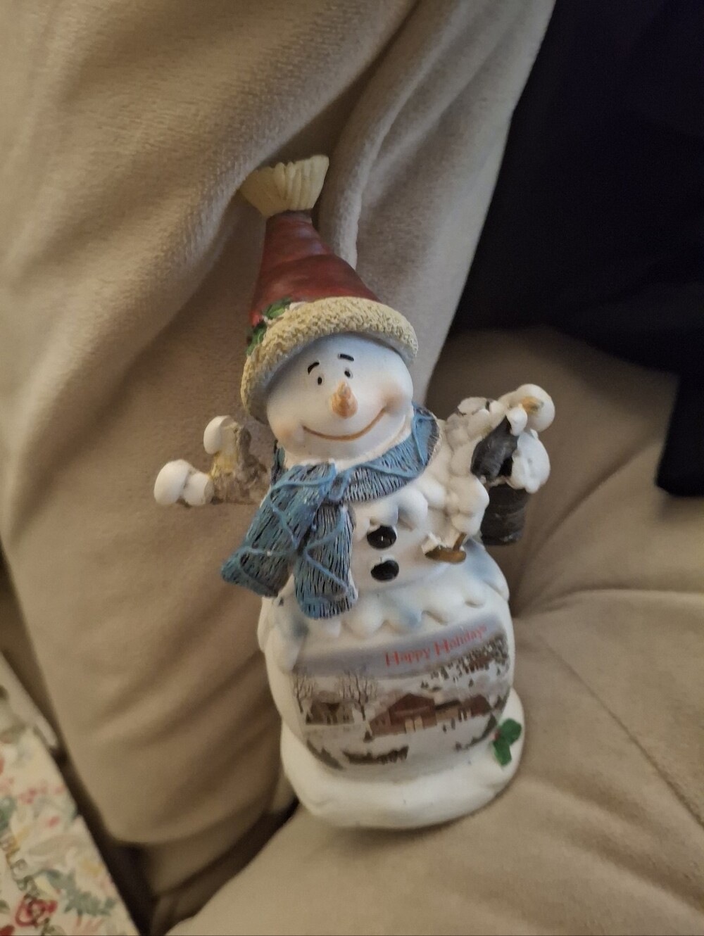 Festive White Snowman Holiday Figurine with Blue Scarf and Red Hat 5 Inches Tall